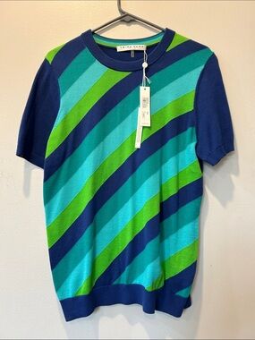 Trina Turk Diagonal Stripe Short Sleeve Tee in Blue & Green